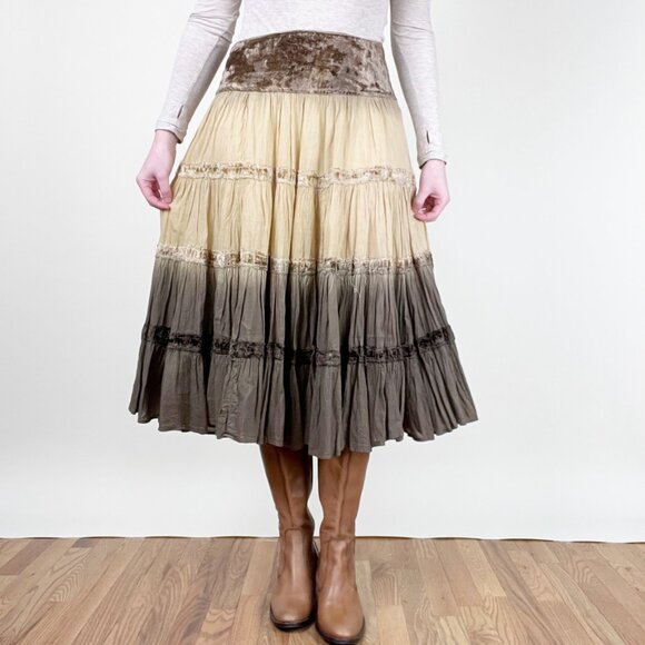 Vintage 90s Y2K Tiered Midi Skirt Gypsy Boho Cowgirl Western Bohemian Whimsigoth - Picture 1 of 11
